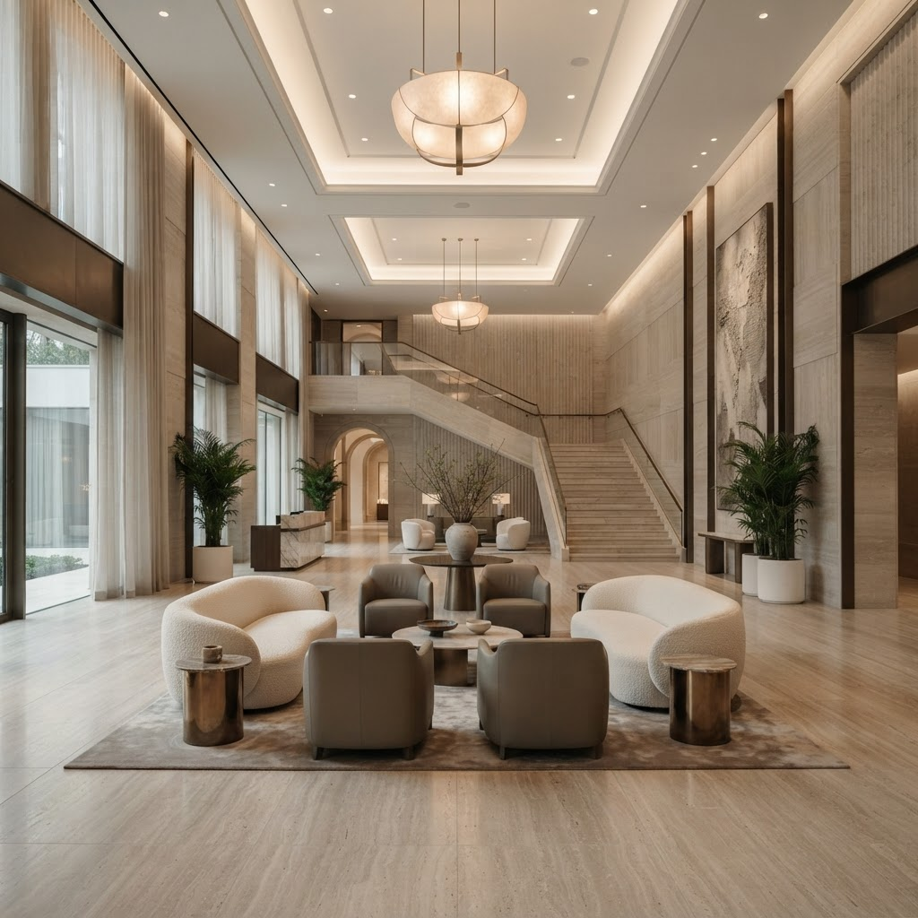 Ferragamo limestone used for floors and cladding in a hotel lobby