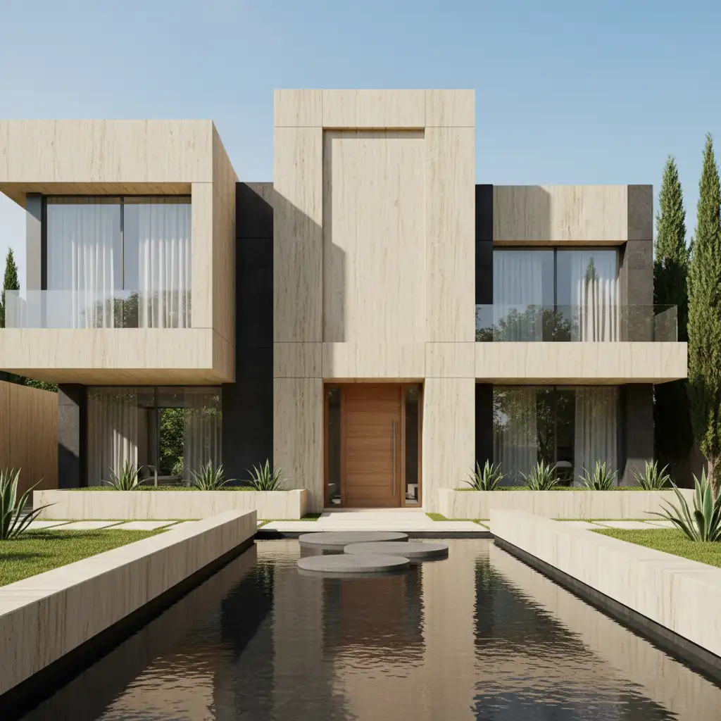 Limra limestone used as seamless exterior facade on a bright modern interior