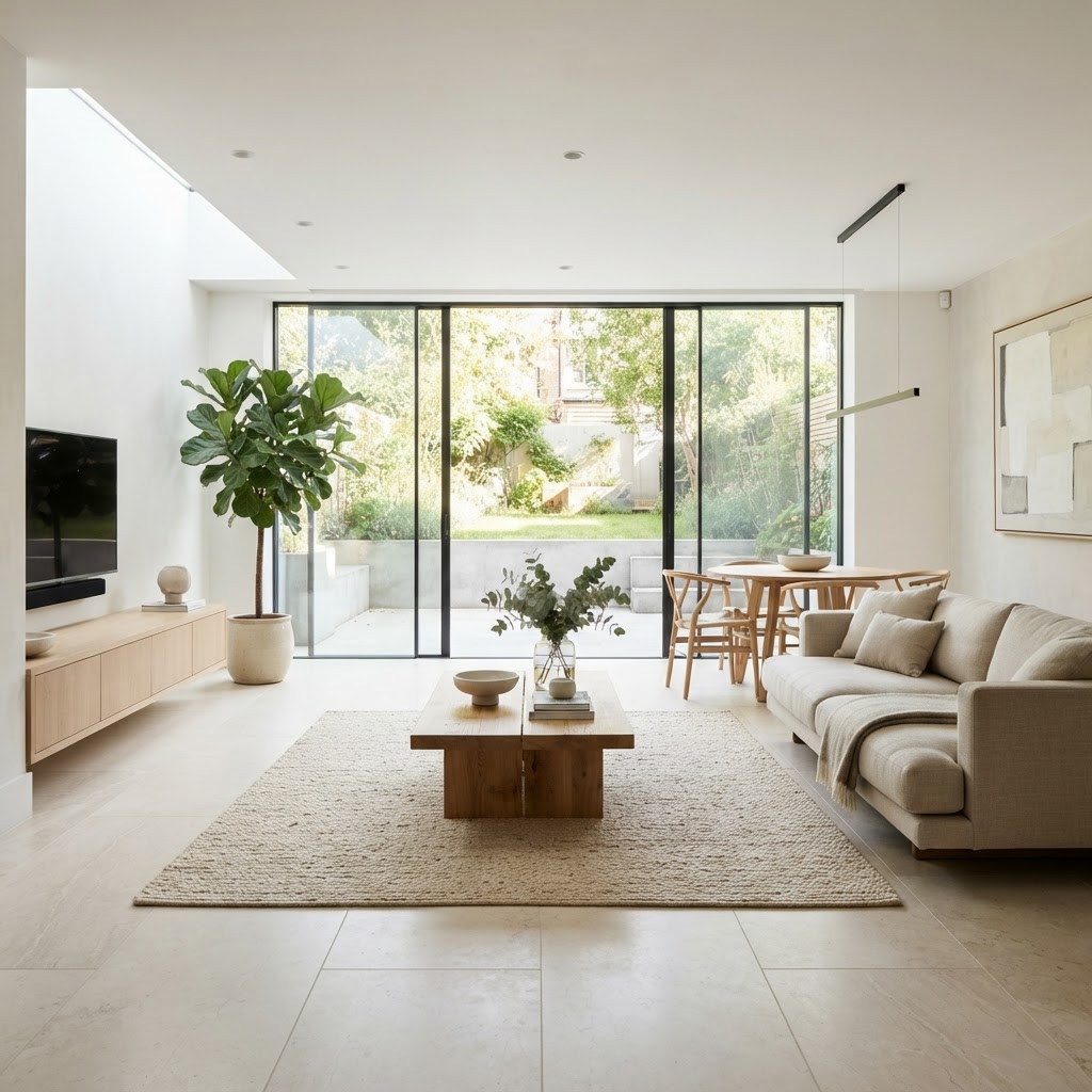 Limra limestone used as seamless flooring in a bright modern interior