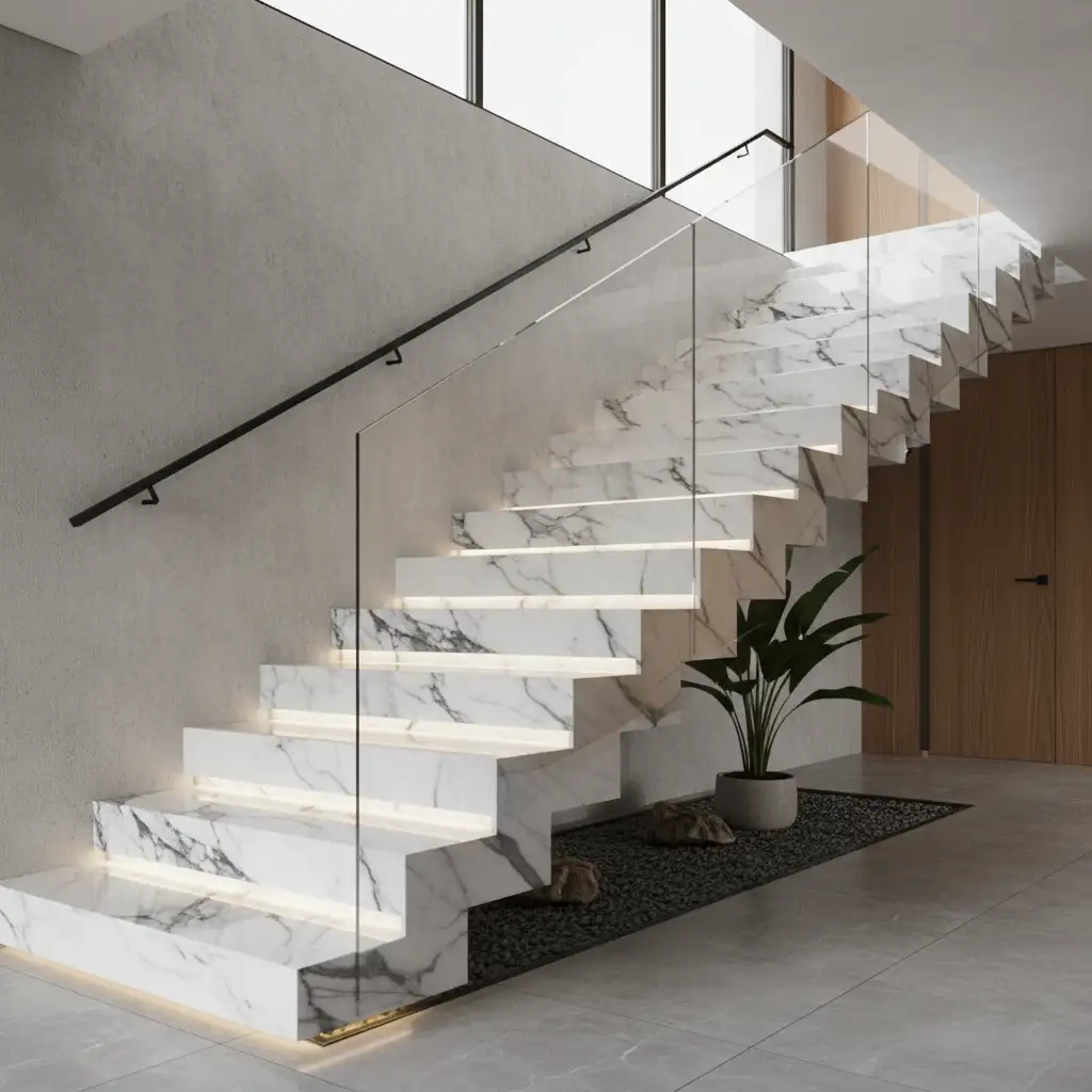 Statuario marble applied as bookmatched feature wall on a luxury staircase